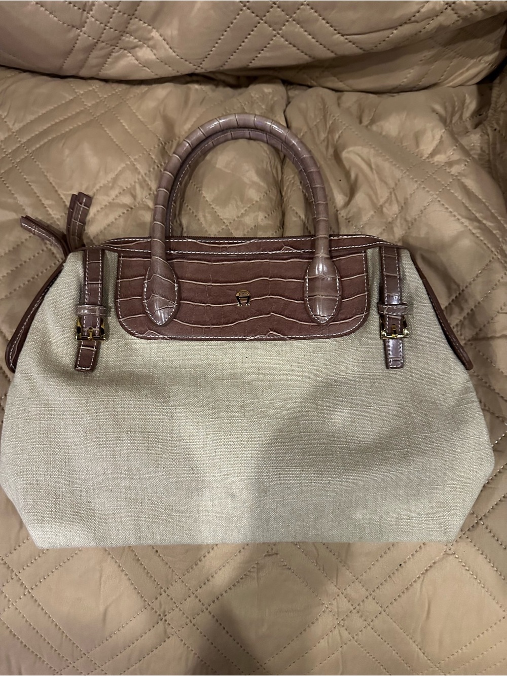 Etienne Aigner Beige Canvas Satchel with Brown Croc-Embossed Trim and Handles